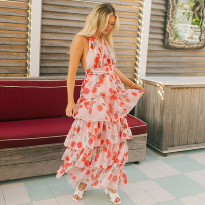 Abito lungo con bouquet di rose