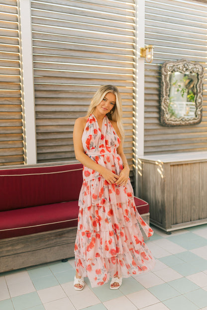 Abito lungo con bouquet di rose